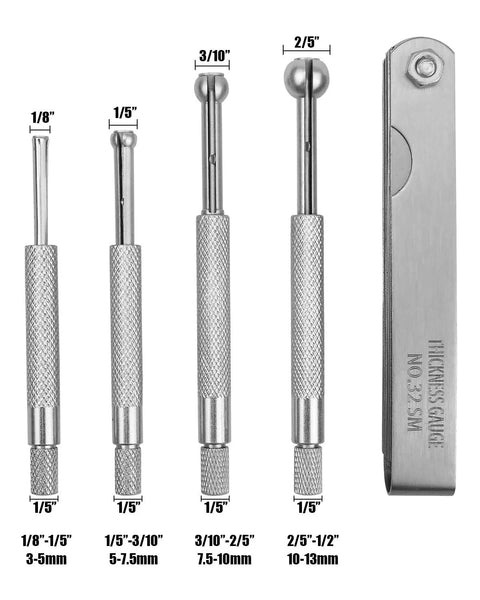 Front view of a 4-piece ball-type telescoping gauge set with knurled steel handles and 1/8–1/2 in measuring range