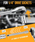 Professional Grade Mini Socket Set Featuring Quick Grip Ratchet And Extension Bar For Knuckling Down On Stubborn Bolts Fast Repairs At Home Or Under The Hood, showing 1/4" drive components.