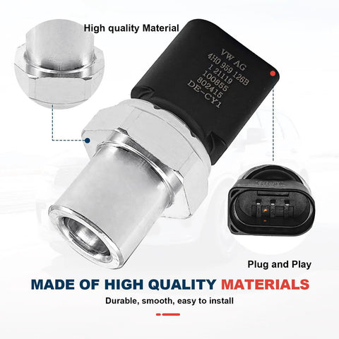 Air Conditioner Pressure Switch Sensor Direct Fit Replacement Compatible With VW And Porsche Vehicles Including Touareg 2011 2018 Golf GTI E Golf Macan 2015 2022 OE 4H0959126B close-up view showing durable construction and connector.