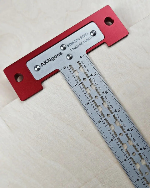 Heavy Duty Scriber T Square Ruler With Support Lips And Built In Scribe Notches Crafted From Rock Solid 301 Stainless Steel Plus Sturdy Aluminum Handle To Nail Every Carpenter Layout Job And Architectural Plan 12 Inch on wood surface.