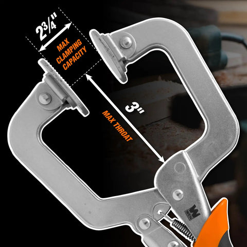 3 Inch Face Clamp For Woodworking And Pocket Hole Joinery With Quick Release Ergonomic Soft Grip Handles Three Inch Throat Depth And Two And Three Quarter Inch Clamping Capacity Swivel Non Marring Pads For Even Pressure And Secure Joints diagram with measurements