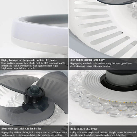 Close-up of Ultra Thin LED Ceiling Fan With Lights, highlighting transparent lampshade, ABS fan blades, and built-in LED beads.