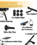 Two Pack Cable Management Box Set With 148 Piece Organizer Kit showing cable ties and clips, includes zip ties and sleeves, black