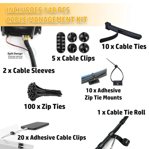 Two Pack Cable Management Box Set With 148 Piece Organizer Kit showing cable ties and clips, includes zip ties and sleeves, black