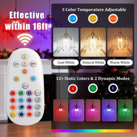 Total Game Changer Two Piece Crystal Chandelier Set Battery Powered With Zero Hassle Setup Remote Control Dimmable Rgb Pendant Lights showcasing remote and color options.