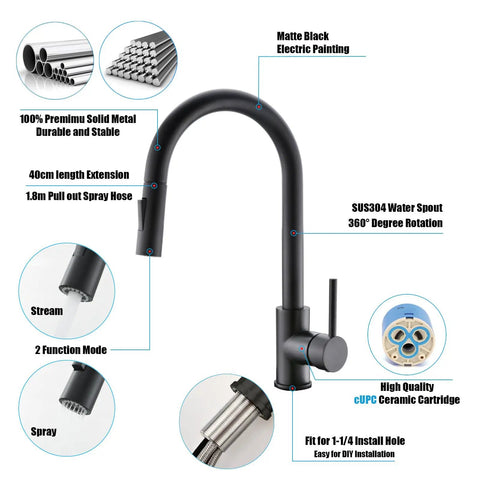Black Kitchen Faucet With Pull Down Sprayer High Arc Stainless Steel Matte Black Finish Lead Free SUS304 CUPC Cartridge No Deck Plate Includes Extra Sprayer Head And Spare Soap Dispenser Easy Clean showing specifications and features