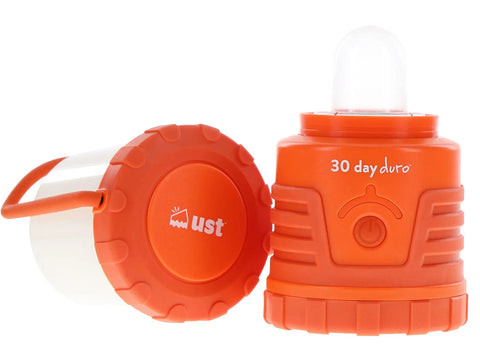 30 Day 1000 Lumen LED Lantern with glow button and built-in hook in orange, designed for camping and emergency use.