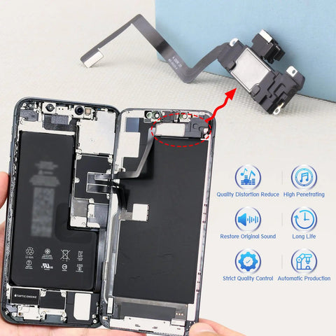 iPhone 11 Earpiece Speaker Replacement Kit With Proximity Sensor Flex Cable And Repair Tools for clear calls and loud sound installation guide.