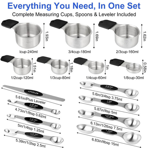 Magnetic Measuring Cups And Spoons Set For Kitchen Use With Nesting Design And Readable Measurements, complete set displayed