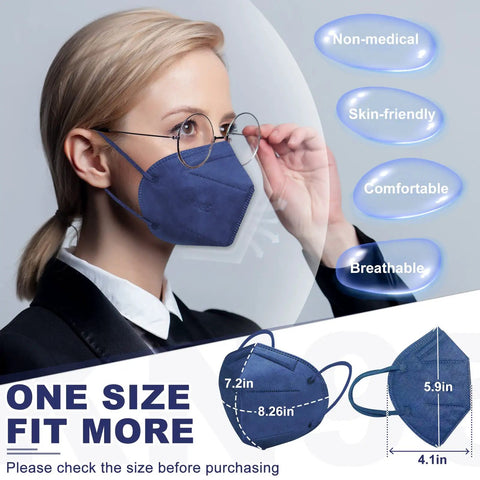 Woman wearing blue KN95 mask, non-medical, skin-friendly, comfortable fit from Five Layer KN95 Face Masks Pack Of 30 Individually Wrapped.
