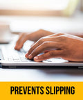 Hands typing on a laptop keyboard with text 'Prevents Slipping' below, illustrating the benefit of using Clear Self Adhesive Cabinet Bumpers 128 Pack For No More Slams Rubber Door And Drawer Cushions Quiet Close And Surface Protection For Cabinets Cupboards Glass Tops Picture Frames And Kitchen Furniture.
