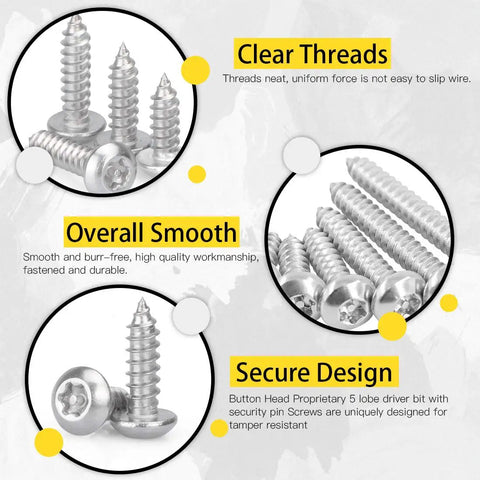 Built Tough Heavy Duty Stainless Steel Button Head Torx Sheet Metal Screws Security Tamper Proof Fasteners With T25 Bits For Garage Work And Outdoor Renovations 50 Pack showcasing smooth threads and secure button head design.
