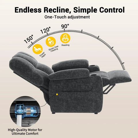Power Recliner Chair For Adults With One Touch Synchronized Electric Recline USB Ports Cup Holder Side Pockets Thick Chenille Seat Cushion Comfy Cozy Living Room And Bedroom Lounge Chair showing recline angles and motor detail.