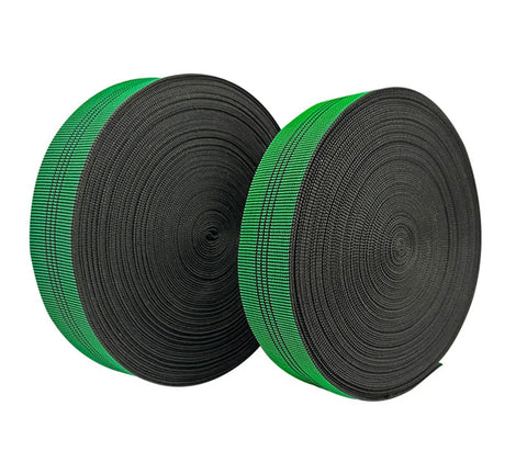 Hella Tough One Point Eight Inch Latex Upholstery Webbing Repairs Sagging Couch And Chair Seats Stops Bottoming Out With Solid Rubber Stretch Reliable For Hammocks And Fast DIY Household Fixes, green and black webbing rolls.