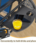Close-up of cup holder on Three Seat Patio Swing With Textilene Backrest, Two Cup Holders And An Adjustable Canopy For Backyard, Porch Or Garden.