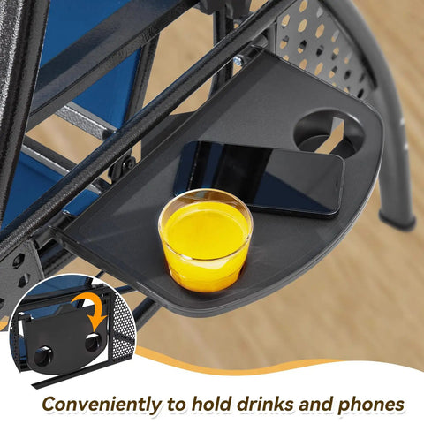 Close-up of cup holder on Three Seat Patio Swing With Textilene Backrest, Two Cup Holders And An Adjustable Canopy For Backyard, Porch Or Garden.