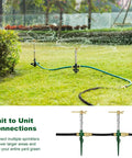 2 Pack Metal Lawn Sprinklers With Adjustable Telescoping Base 3 Arm Sprinkler 360 Degree Rotation in yard with green hose