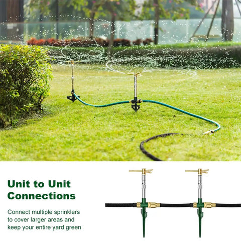 2 Pack Metal Lawn Sprinklers With Adjustable Telescoping Base 3 Arm Sprinkler 360 Degree Rotation in yard with green hose