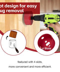Front view: Red 6-1/4 inch bi-metal hole saw on a green cordless drill cutting wood for recessed lighting
