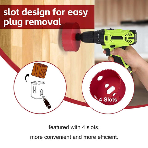 Front view: Red 6-1/4 inch bi-metal hole saw on a green cordless drill cutting wood for recessed lighting