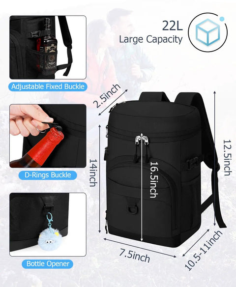 Diagram of 22L Insulated Leak Proof Cooler Backpack For Beach Picnics Camping And Travel Waterproof Soft Cooler Bag dimensions and features