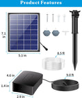 Product diagram of Solar Pond Aerator With 2200mAh Battery Backup, showing dimensions of solar panel, air pump, tubing, and accessories.