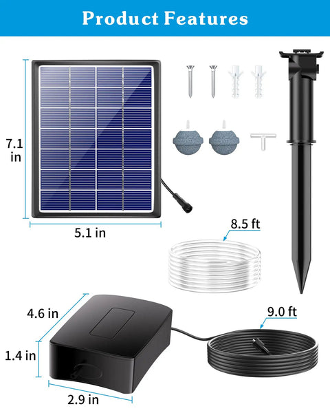 Product diagram of Solar Pond Aerator With 2200mAh Battery Backup, showing dimensions of solar panel, air pump, tubing, and accessories.
