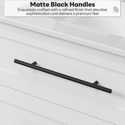 Matt black handle on a clean white painted drawer of the Top Notch 30 Inch Bathroom Vanity With Integrated Sink And Two Roomy Drawers.