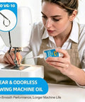 Woman applying Clear Residue Free 1oz Fine Light Sewing Machine Oil With Applicator to a sewing machine for smooth operation.
