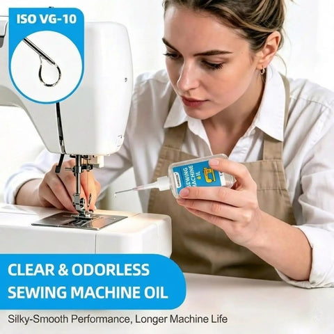 Woman applying Clear Residue Free 1oz Fine Light Sewing Machine Oil With Applicator to a sewing machine for smooth operation.
