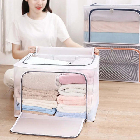 Huge 80L Foldable Storage Bins Organizer With Metal Frame And Durable Handles Clear And Gray 3 Pack For Clothes Bedding Toys And More Waterproof Stackable Tote Boxes With No Assembly Needed