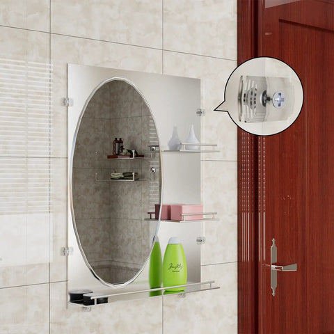 Foolproof Mirror Holder Kit Boasting 22 Slick Clear Plastic Clips With Heavy Duty Screws Crafted For 3 16 Inches Of Glass Panels And Hassle Free Door Framing Installations, shown securing an oval bathroom mirror.
