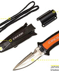 Compact Emergency Dive Knife For Scuba Gear And Spearfishing Use showing Japanese 304 stainless steel blade and protective sheath