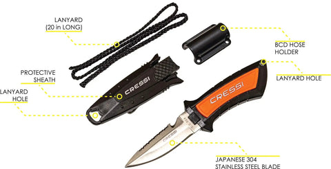 Compact Emergency Dive Knife For Scuba Gear And Spearfishing Use showing Japanese 304 stainless steel blade and protective sheath
