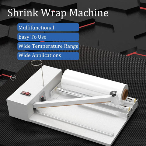 Get This Manual Shrink Wrap Heat Sealer Machine with white film roll on a black textured background, showcasing its use in packaging.