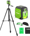 Self Leveling Laser Level With 60 Inch Tripod And 98 Feet Range Green Cross Line Laser Tool For Picture Hanging Home Reno And Indoor Projects Manual And Auto Level Modes Batteries And Carrying Bag Included showing laser, tripod, and accessories