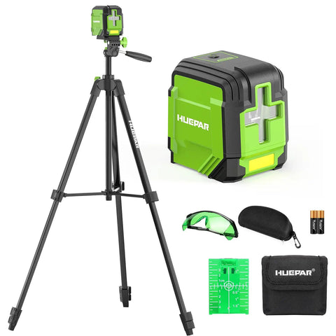 Self Leveling Laser Level With 60 Inch Tripod And 98 Feet Range Green Cross Line Laser Tool For Picture Hanging Home Reno And Indoor Projects Manual And Auto Level Modes Batteries And Carrying Bag Included showing laser, tripod, and accessories