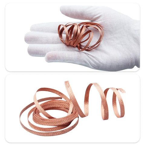 Red Copper Solder Wick Desoldering Braid Pack 5 Pieces 1.5m Quick Tin Removal Wire in hand and coiled on table