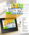Display of All In One WiFi Weather Station For Home And Garden With Indoor And Outdoor Sensors and weather data indicators.