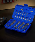 Security Bit Set 100 Piece Cr V Steel With One Quarter Inch Adapters Includes Phillips Slotted Hex Torx Tamperproof Pozi Square Spanner Torque Tri Wing Clutch Spline Wing Nut Bits For Tough DIY Jobs in blue case