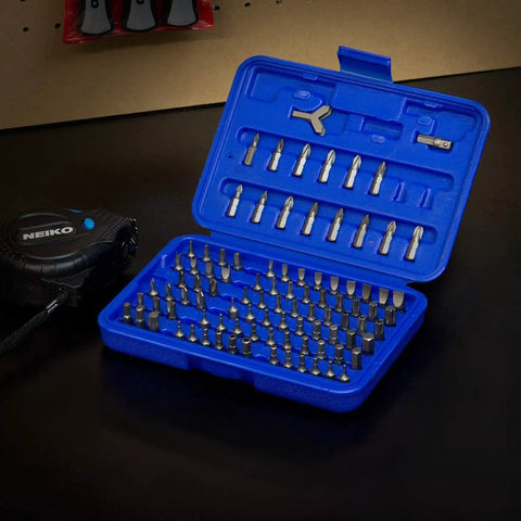 Security Bit Set 100 Piece Cr V Steel With One Quarter Inch Adapters Includes Phillips Slotted Hex Torx Tamperproof Pozi Square Spanner Torque Tri Wing Clutch Spline Wing Nut Bits For Tough DIY Jobs in blue case