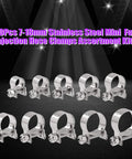 Front view of ten 304 stainless steel mini fuel-injection hose clamps for automotive use.