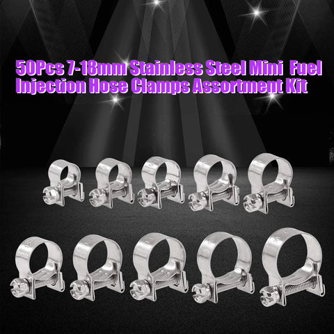Front view of ten 304 stainless steel mini fuel-injection hose clamps for automotive use.