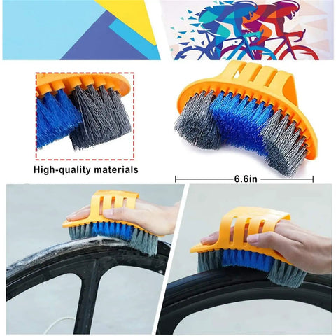 Close-up of tire scrubber from All-In-One 9-Piece Bike Cleaning Kit with Chain Scrubber used on bike wheel.