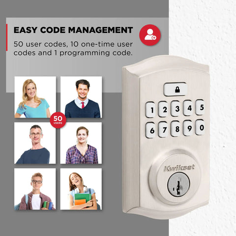 Keyless Entry Smart Lock With Electronic Keypad Deadbolt Auto Lock And Custom User Codes In Satin Nickel Finish shown with 50 user code images.