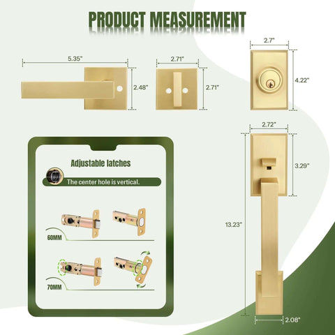 Measurement diagram for Built Tough Satin Brass Front Door Handle Set With Keys, showcasing dimensions and adjustable latches.