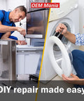 Two men performing DIY washer repairs, highlighting Genuine OEM Pulsator Cap Replacement With 3 Green Prongs for Top Load Washers DC66-00887A.