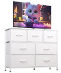 Seven Drawer Dresser And TV Stand With Wood Top, Fabric Storage Tower, White, Sturdy Steel Frame, Easy Pull Handles with TV