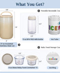 Killer Three In One Breast Milk Chiller And Portable Bottle Cooler With Double Wall Stainless Steel Build For Hassle Free Nursing Storage And Slick Travel Feeding Essentials display featuring cooler, milk bottle, and baby food containers.