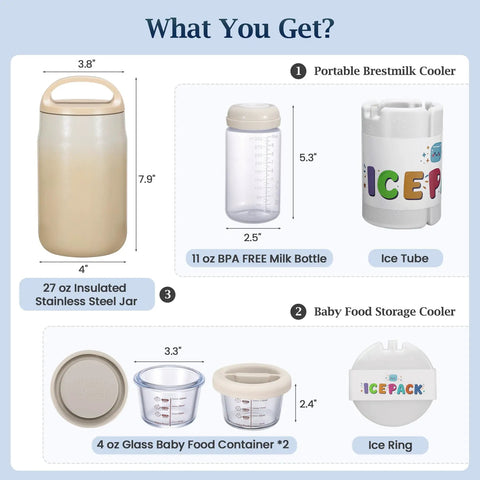 Killer Three In One Breast Milk Chiller And Portable Bottle Cooler With Double Wall Stainless Steel Build For Hassle Free Nursing Storage And Slick Travel Feeding Essentials display featuring cooler, milk bottle, and baby food containers.